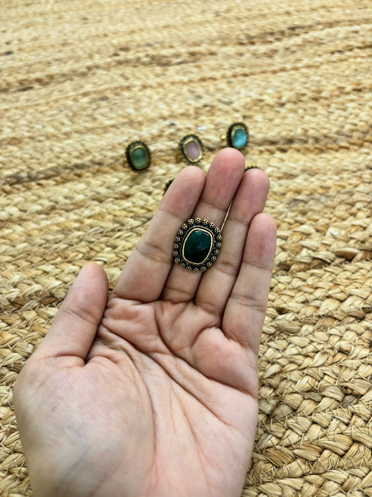 Metallic Oxidised Adjustable Gold Finger Ring - Green