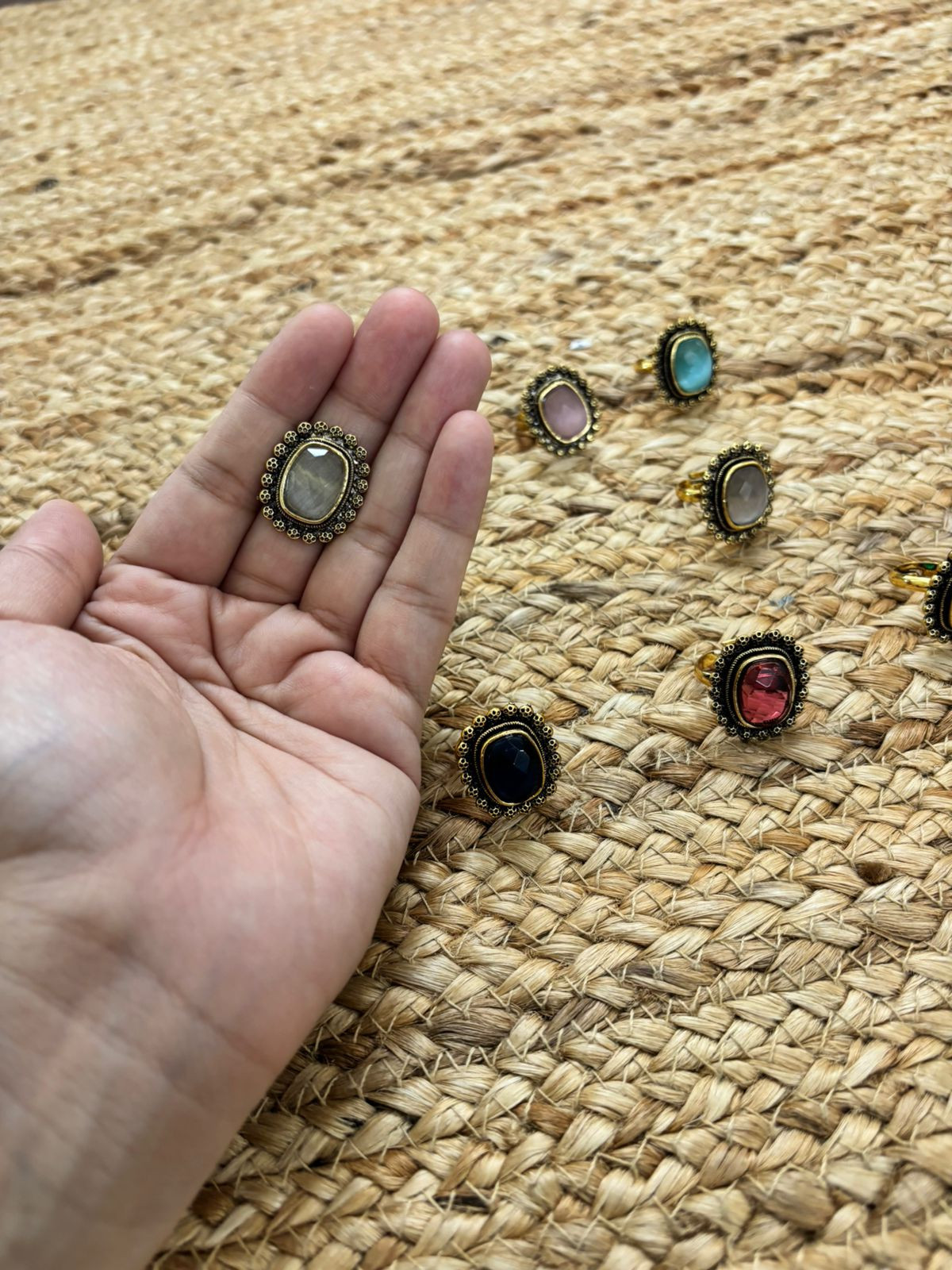 Metallic Oxidised Adjustable Gold Finger Ring - White