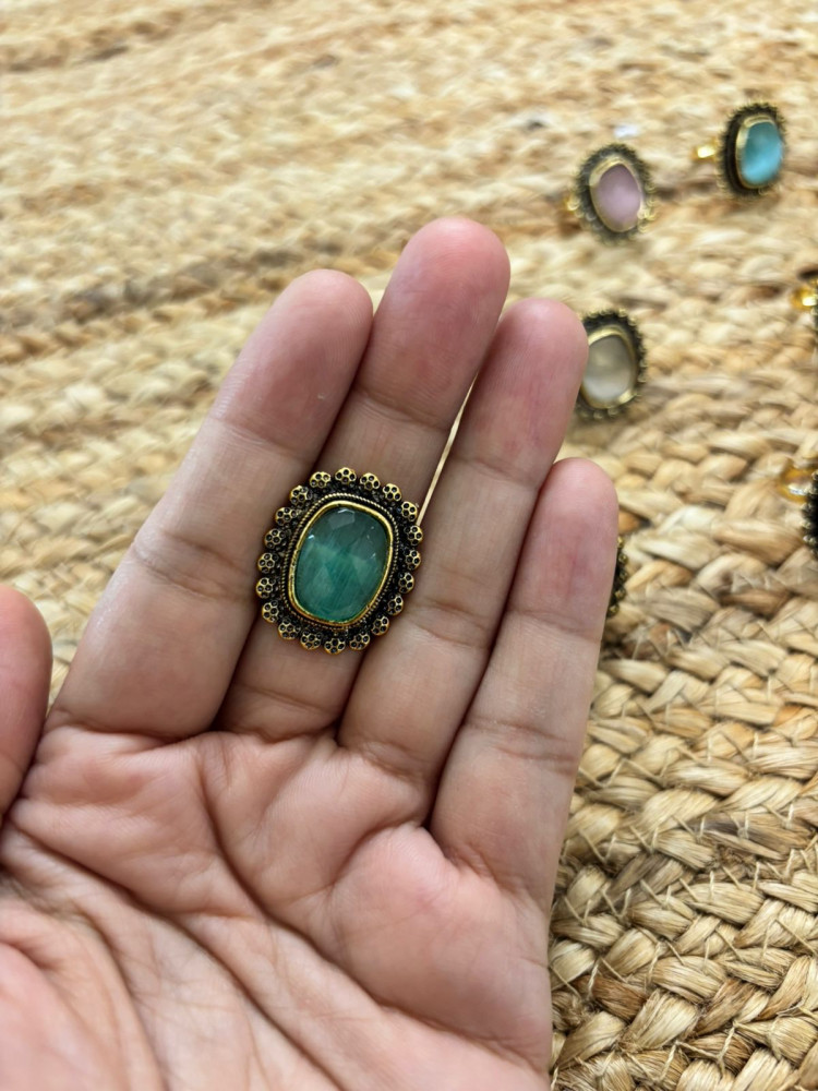 Image of Metallic Oxidised Adjustable Gold Finger Ring - Sea Green