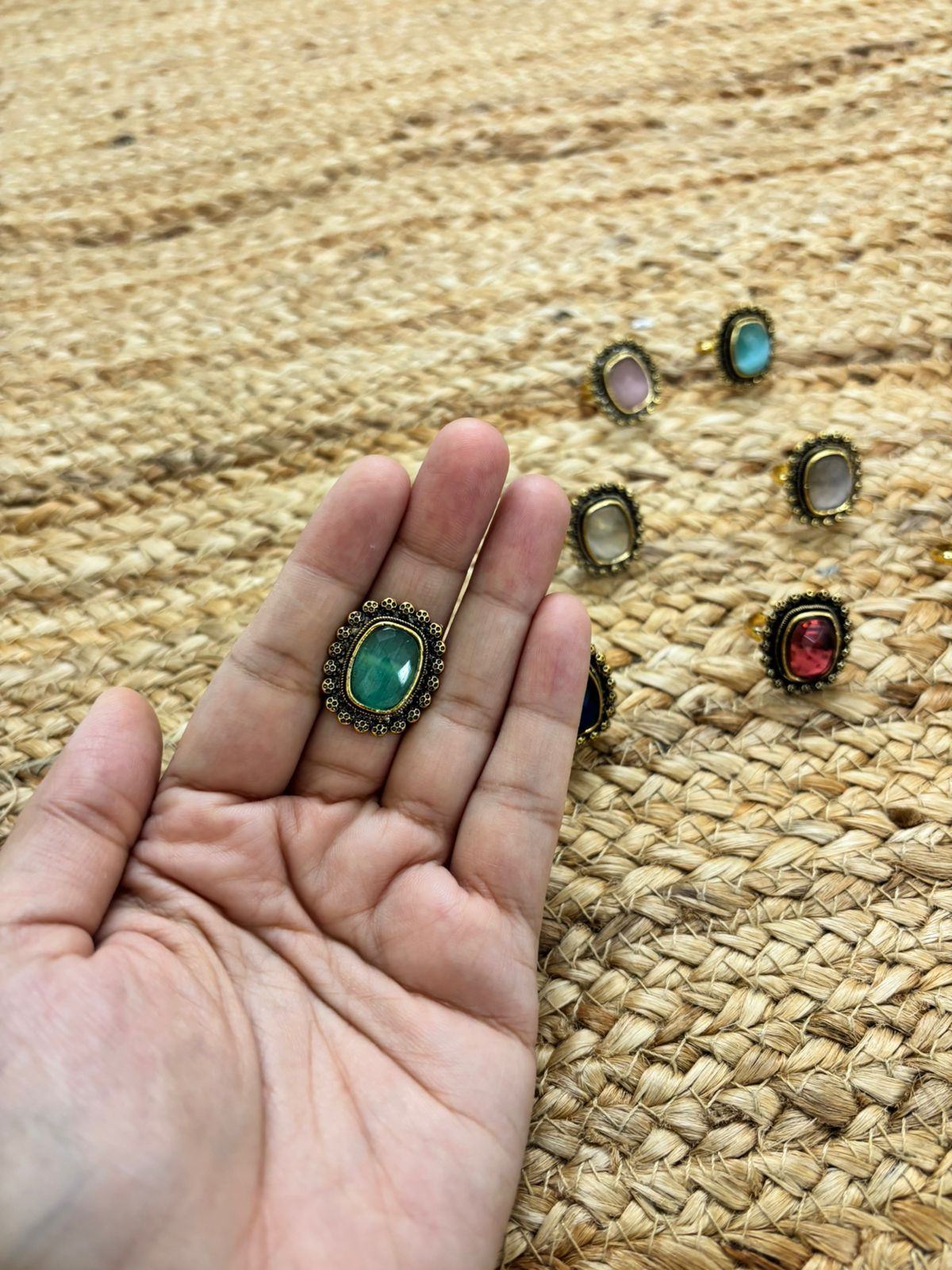 Metallic Oxidised Adjustable Gold Finger Ring - Sea Green