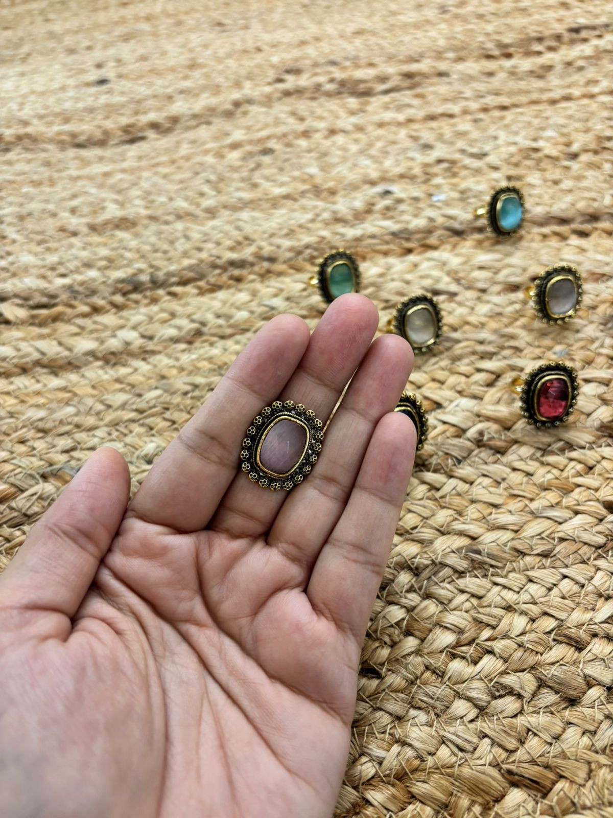 Metallic Oxidised Adjustable Gold Finger Ring - Pink