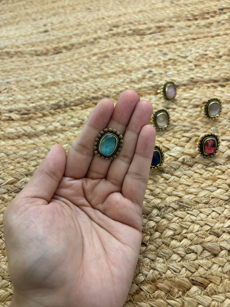 Image of Metallic Oxidised Adjustable Gold Finger Ring - Sea Blue