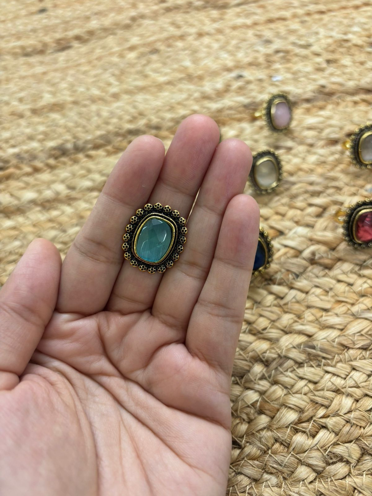 Metallic Oxidised Adjustable Gold Finger Ring - Sea Blue