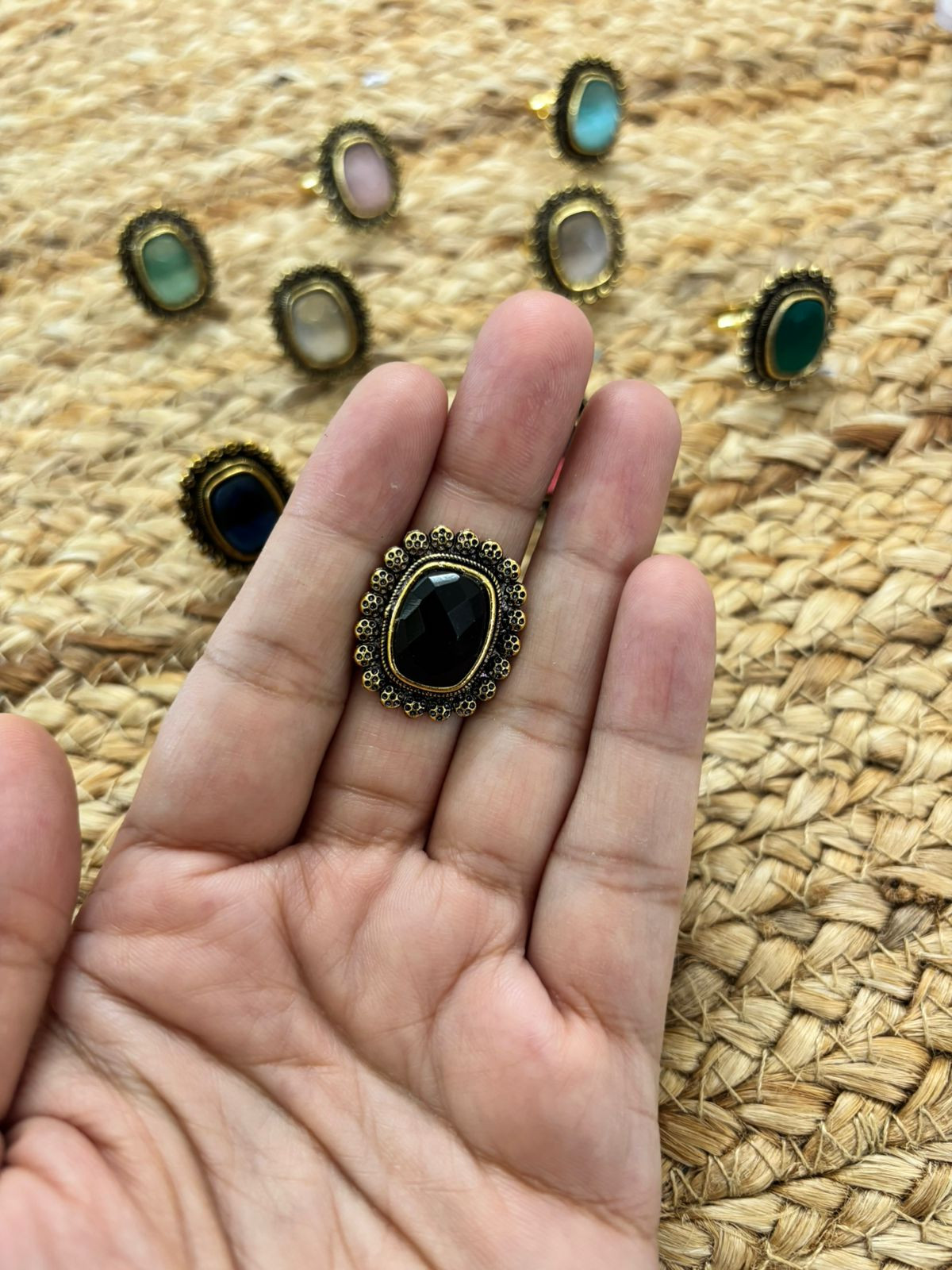 Metallic Oxidised Adjustable Gold Finger Ring - Black