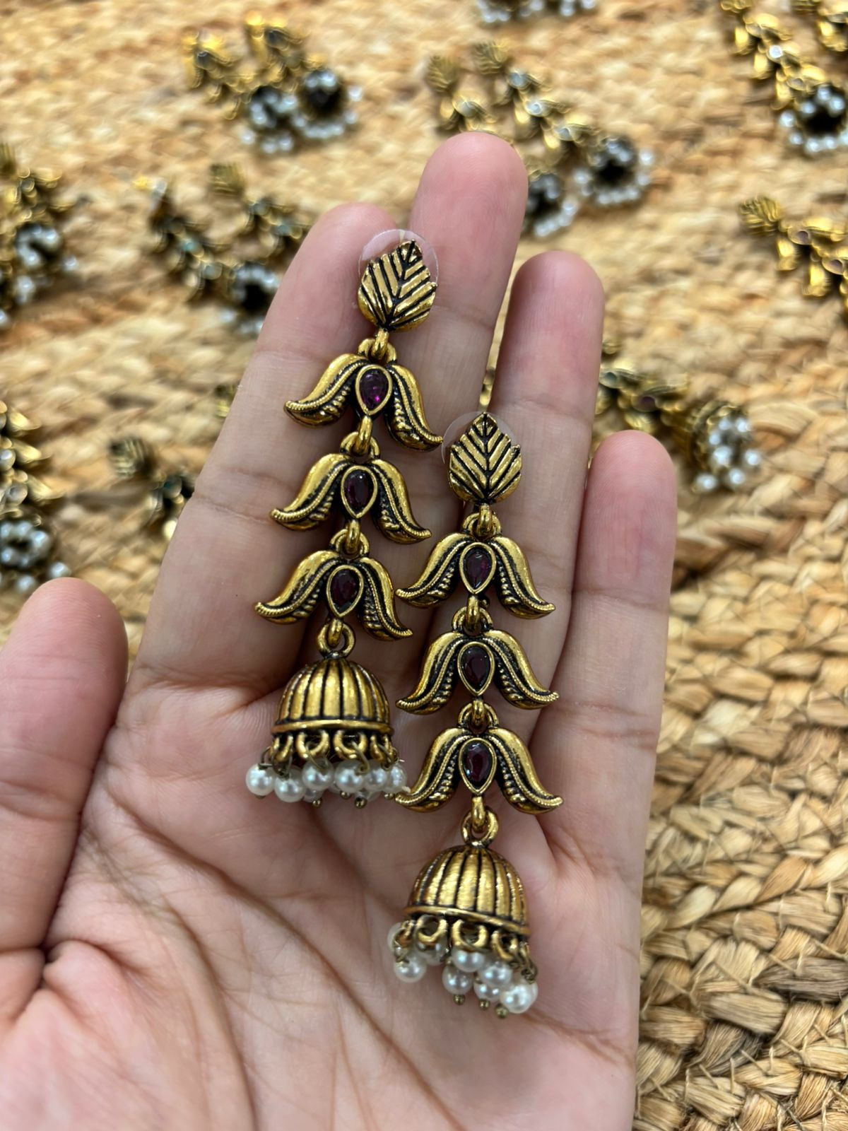 Metallic Oxidised Gold Earrings - Wine