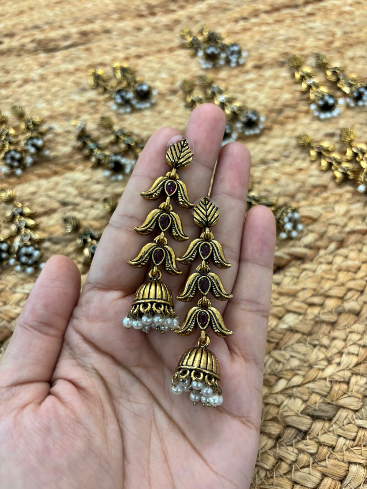 Metallic Oxidised Gold Earrings - Wine