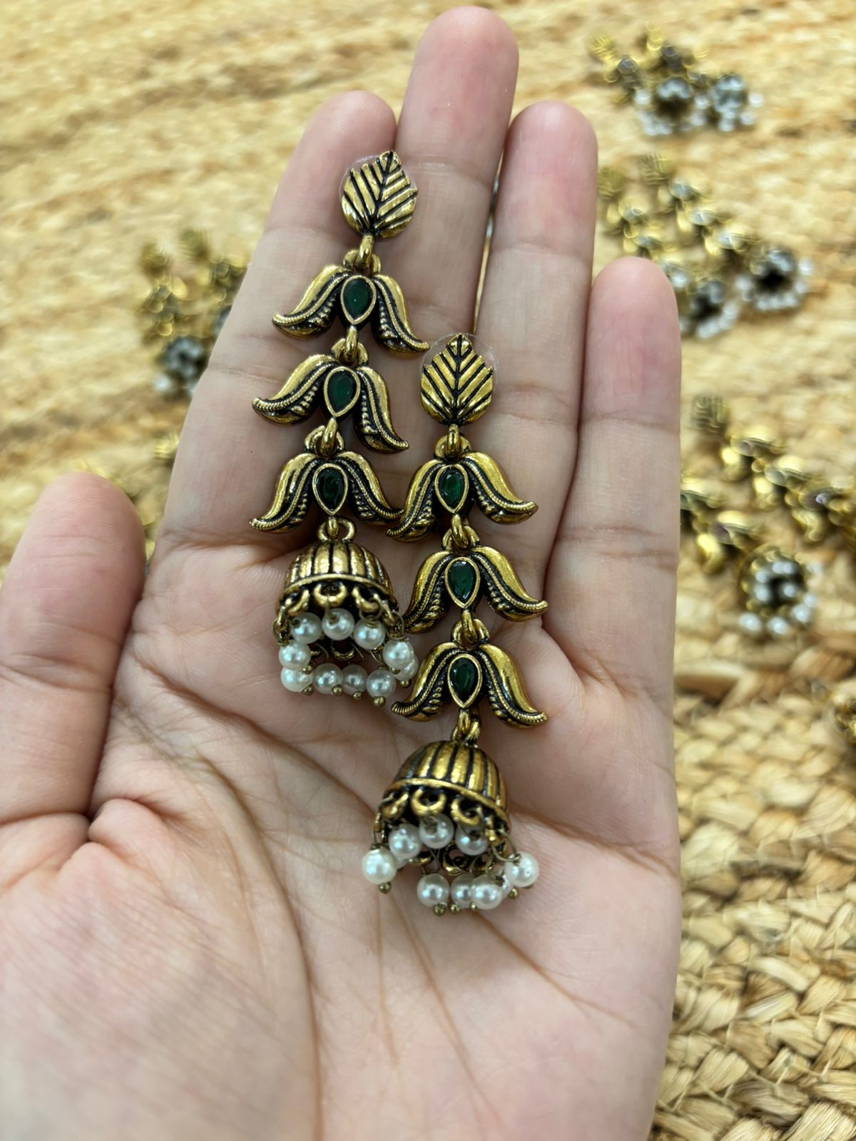 Metallic Oxidised Gold Earrings - Green