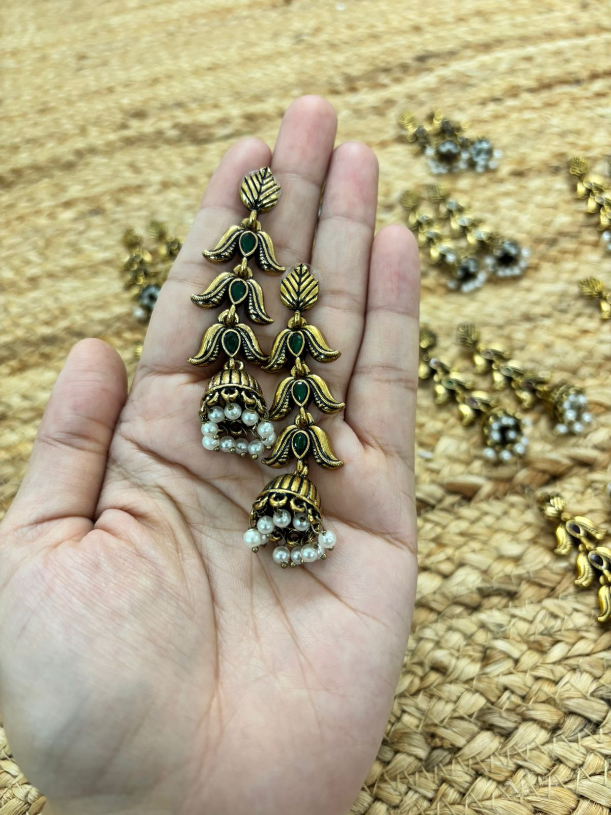 Metallic Oxidised Gold Earrings - Green