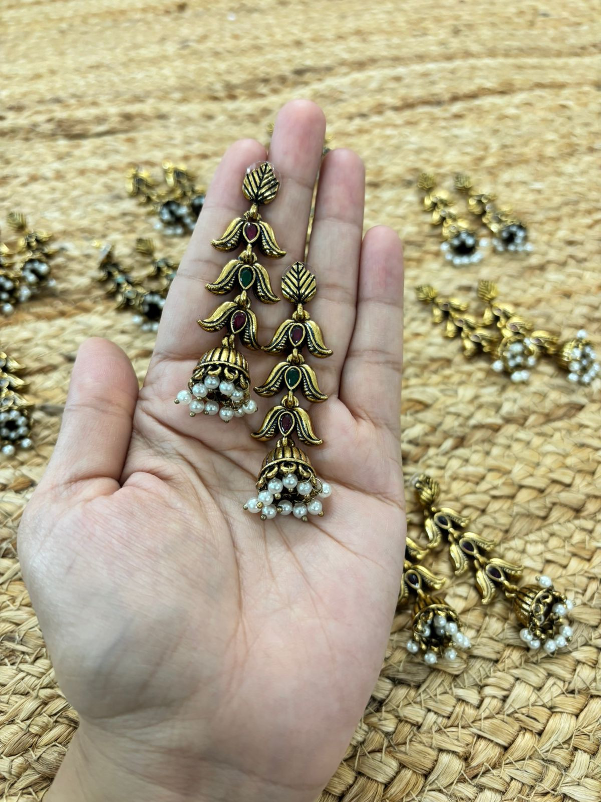 Metallic Oxidised Gold Earrings - Red-Green
