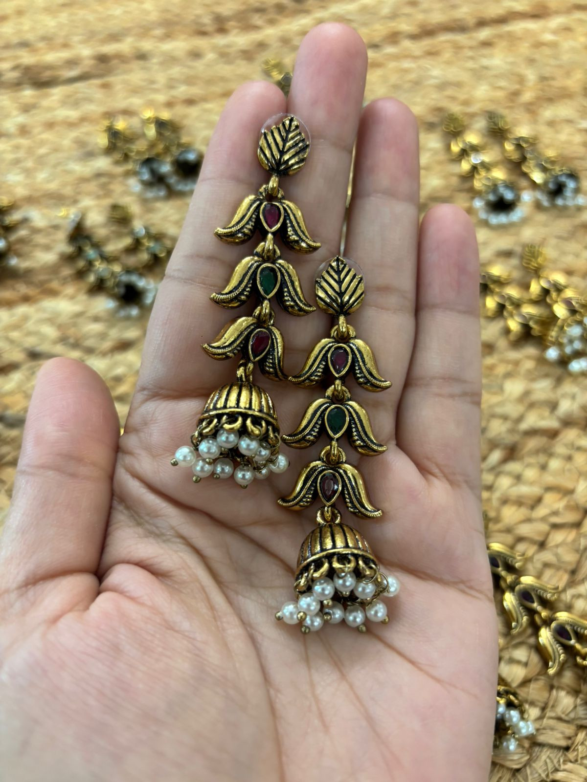 Metallic Oxidised Gold Earrings - Red-Green