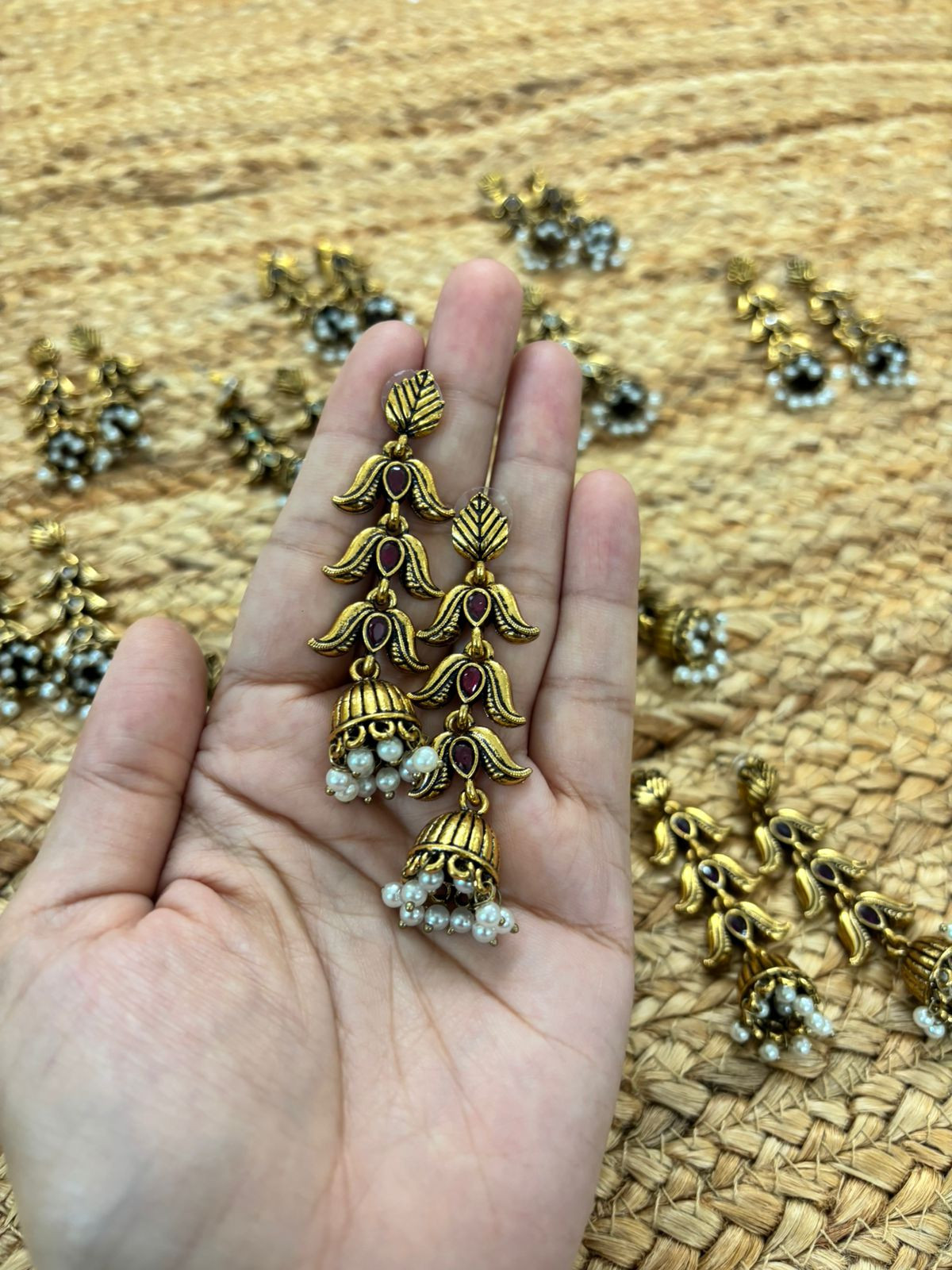Metallic Oxidised Gold Earrings - Red