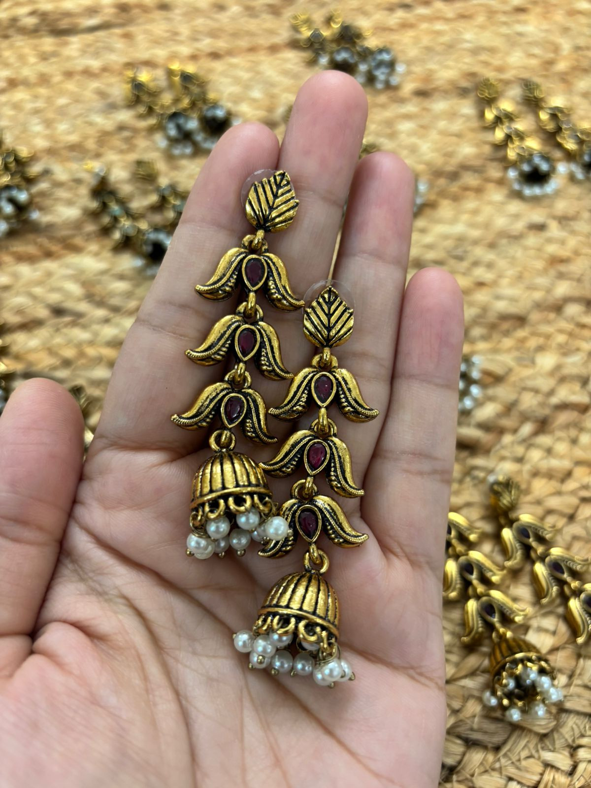 Metallic Oxidised Gold Earrings - Red