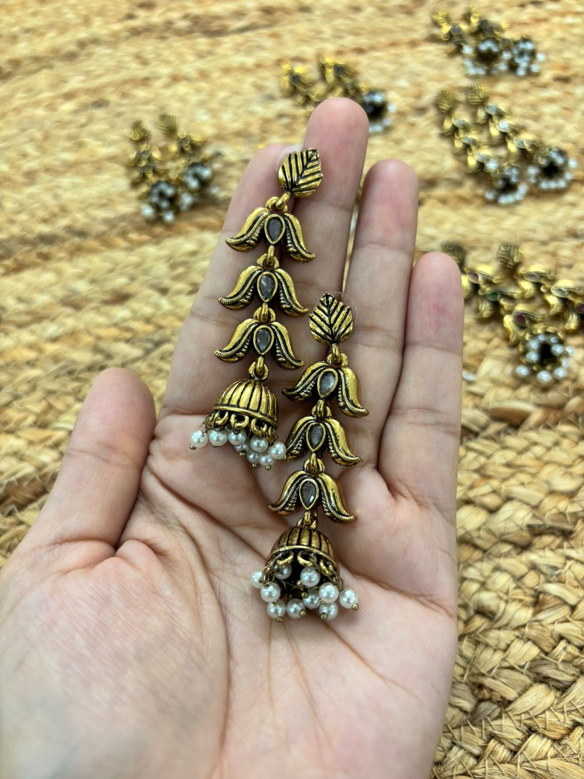 Metallic Oxidised Gold Earrings - White