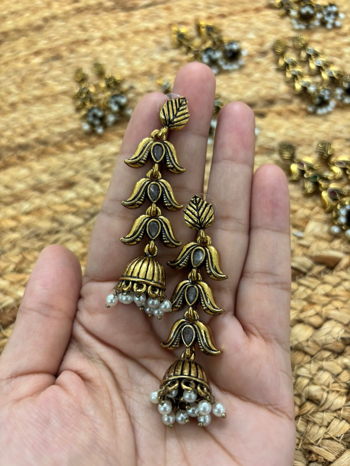 Metallic Oxidised Gold Earrings - White