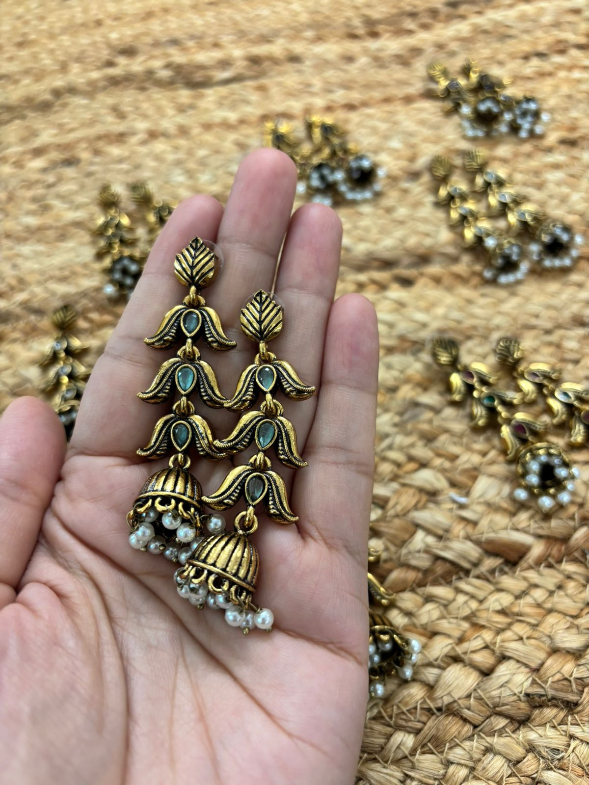Metallic Oxidised Gold Earrings - Sea Green
