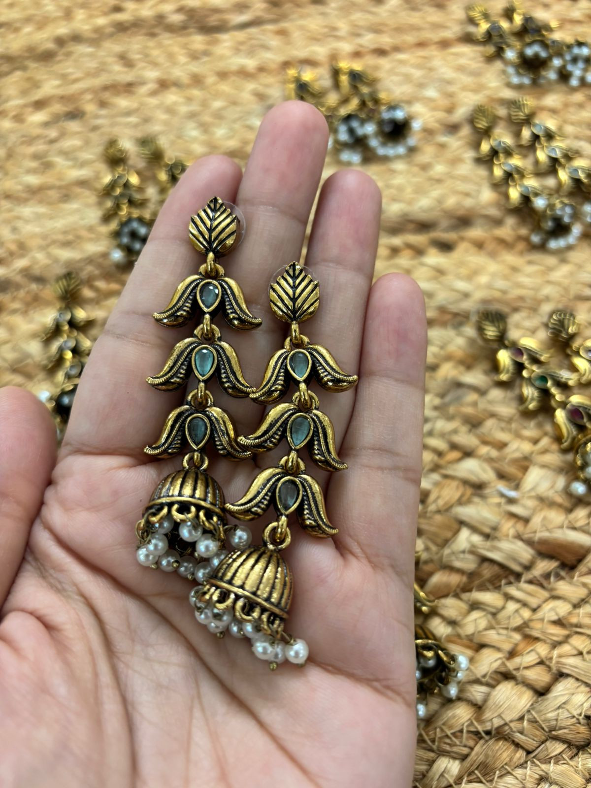 Metallic Oxidised Gold Earrings - Sea Green