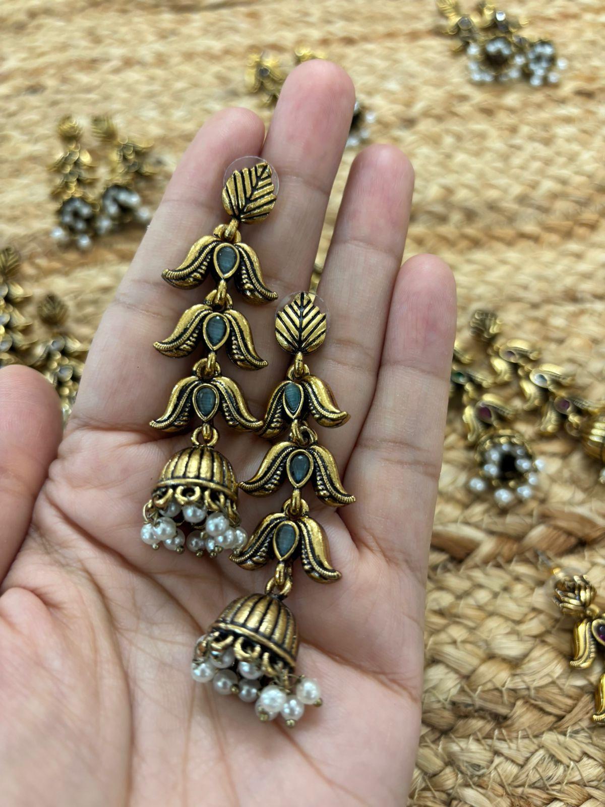 Metallic Oxidised Gold Earrings - Sea Blue