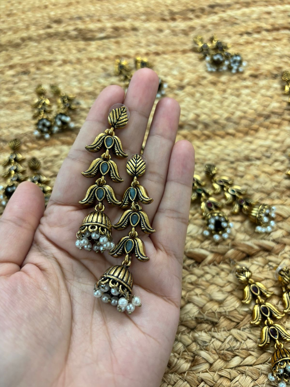 Metallic Oxidised Gold Earrings - Sea Blue