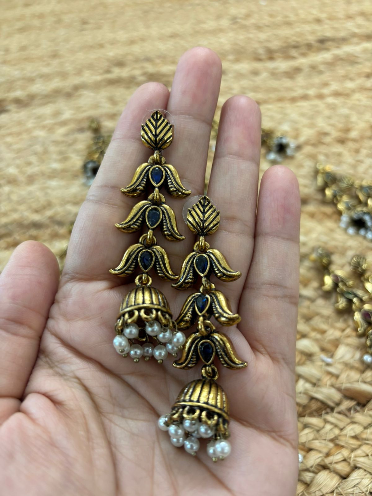 Metallic Oxidised Gold Earrings - Blue