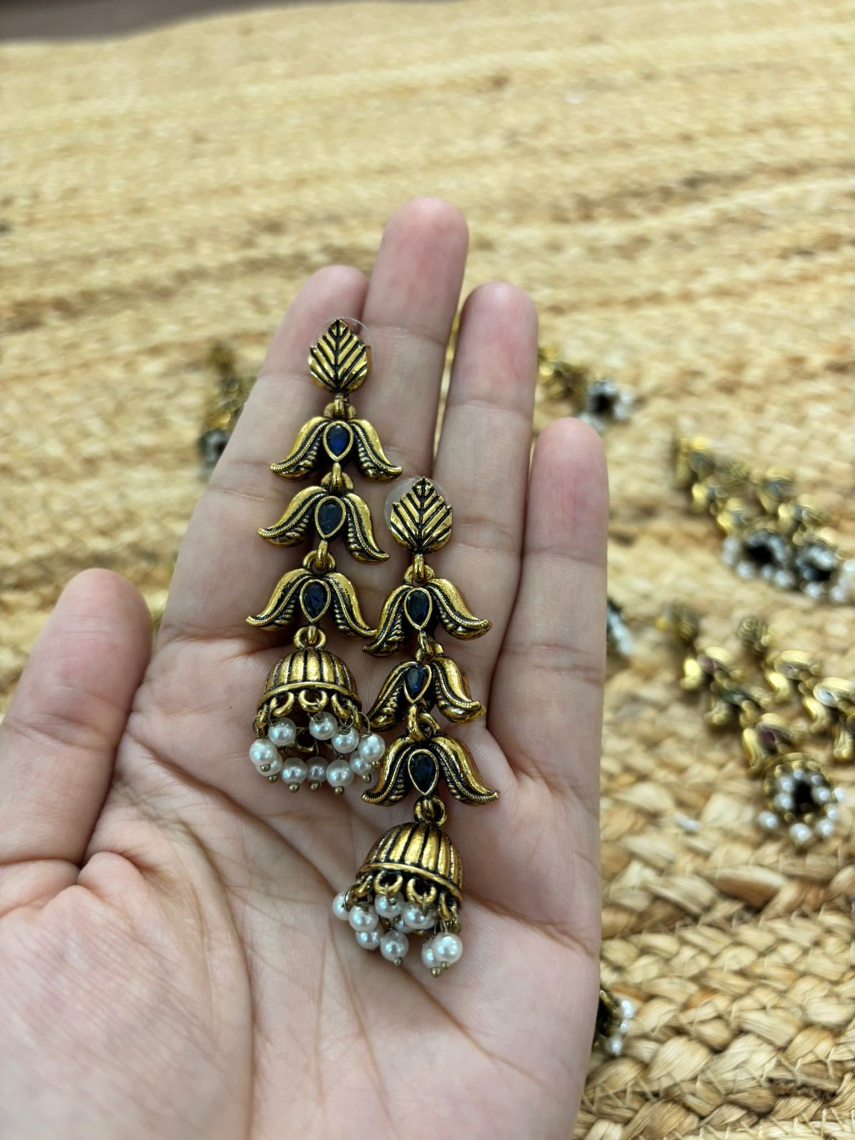 Metallic Oxidised Gold Earrings - Blue