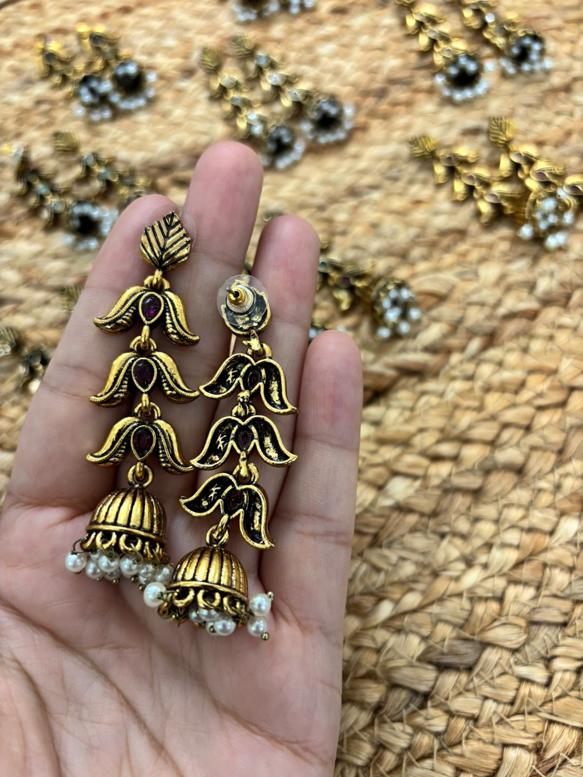 Metallic Oxidised Gold Earrings - Blue