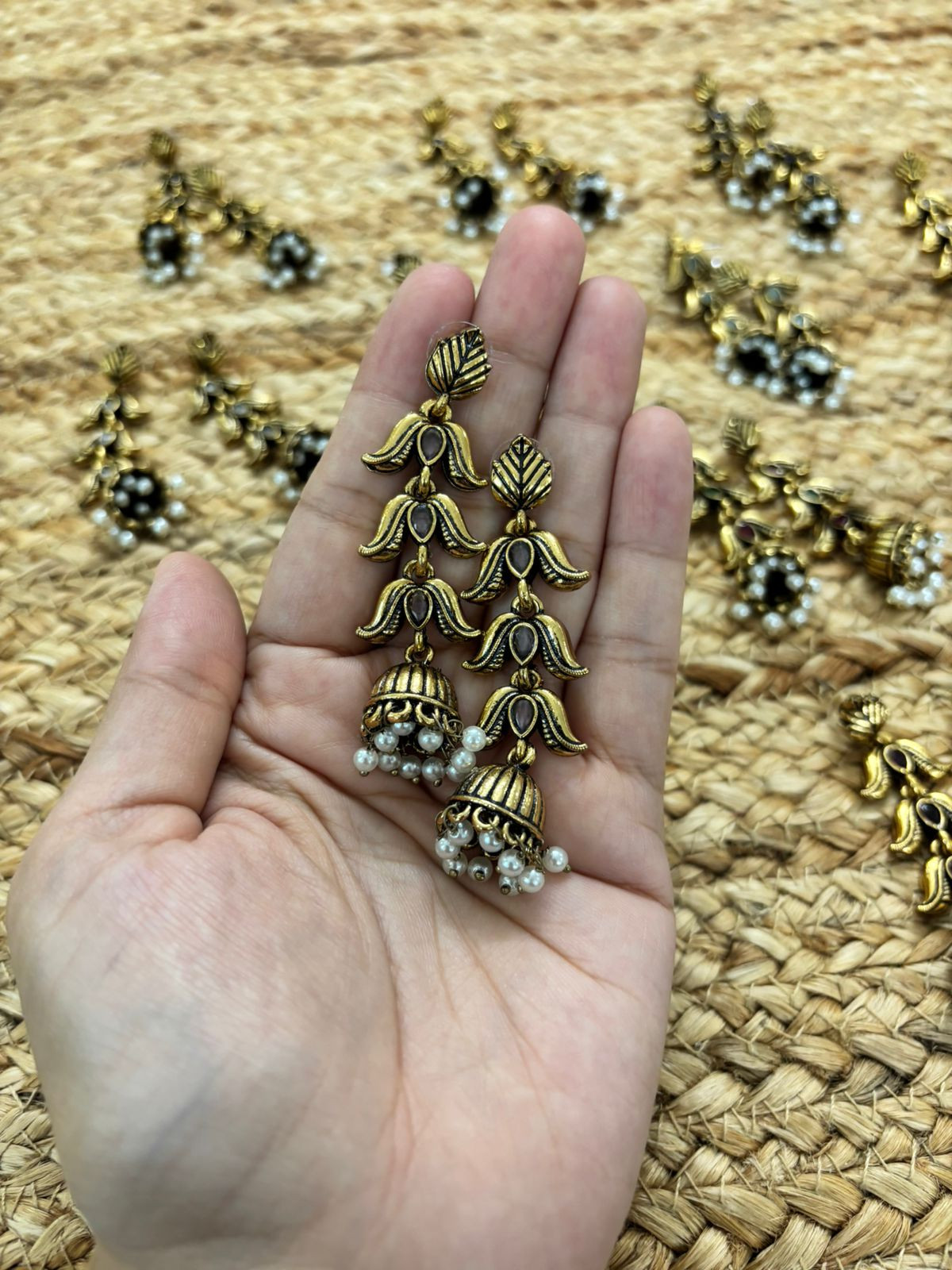 Metallic Oxidised Gold Earrings - Pink