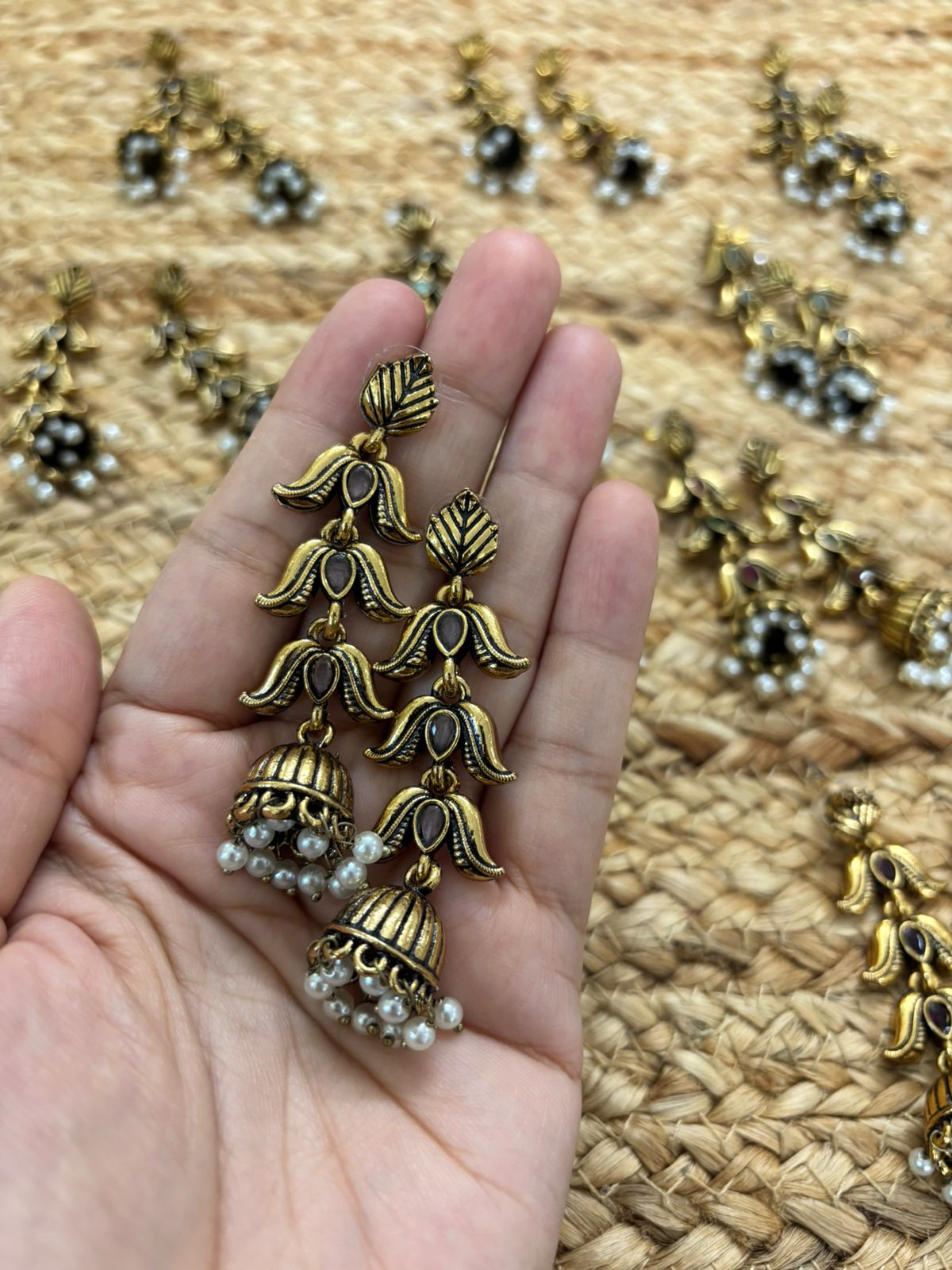 Metallic Oxidised Gold Earrings - Pink