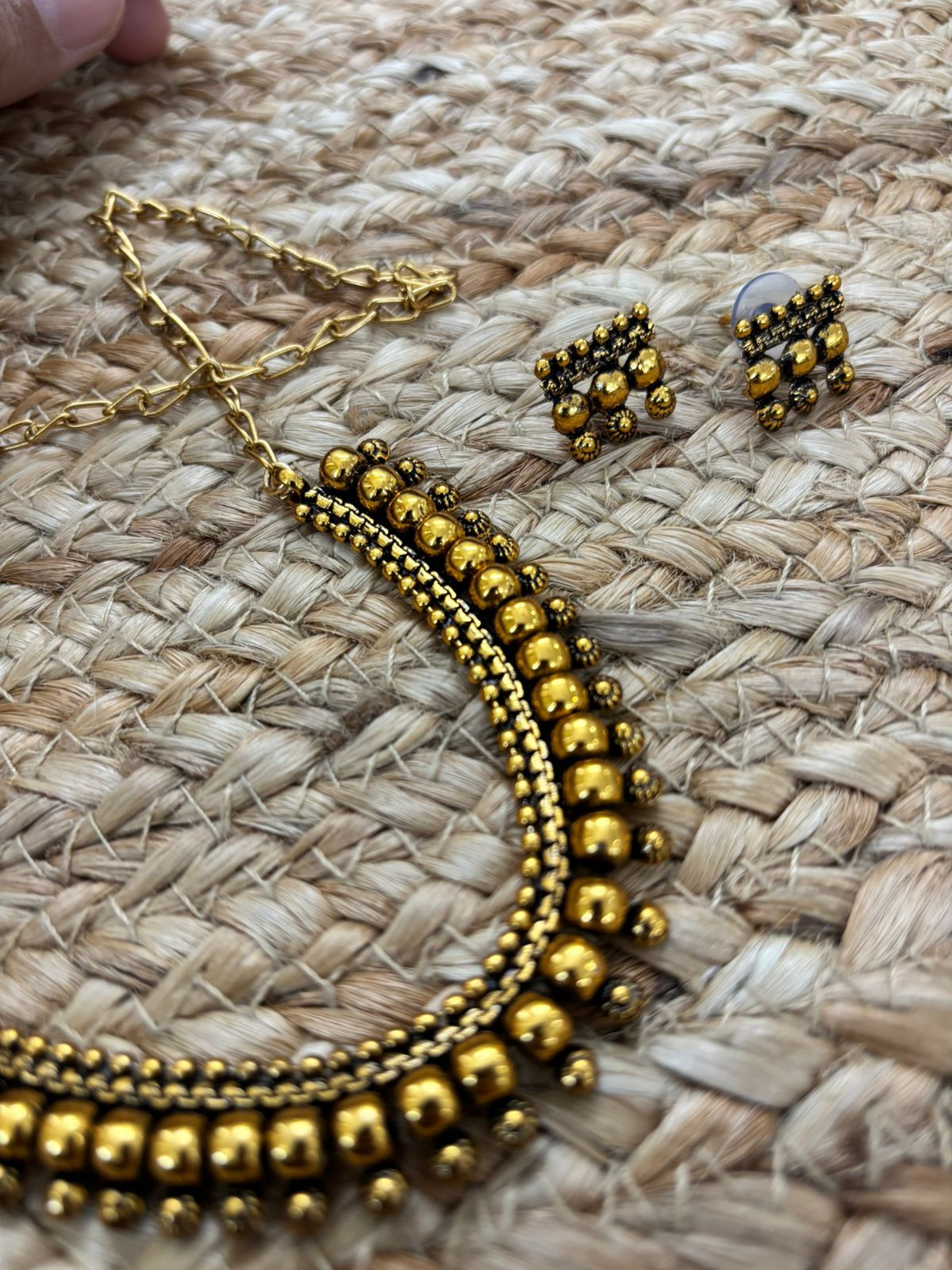 Metallic Oxidised Gold Necklace Set With Earrings - Gold