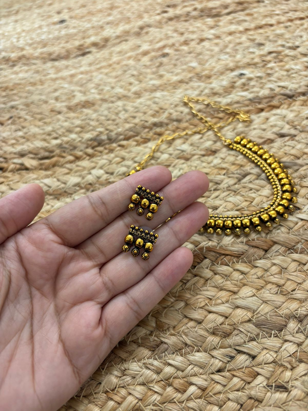 Metallic Oxidised Gold Necklace Set With Earrings - Gold