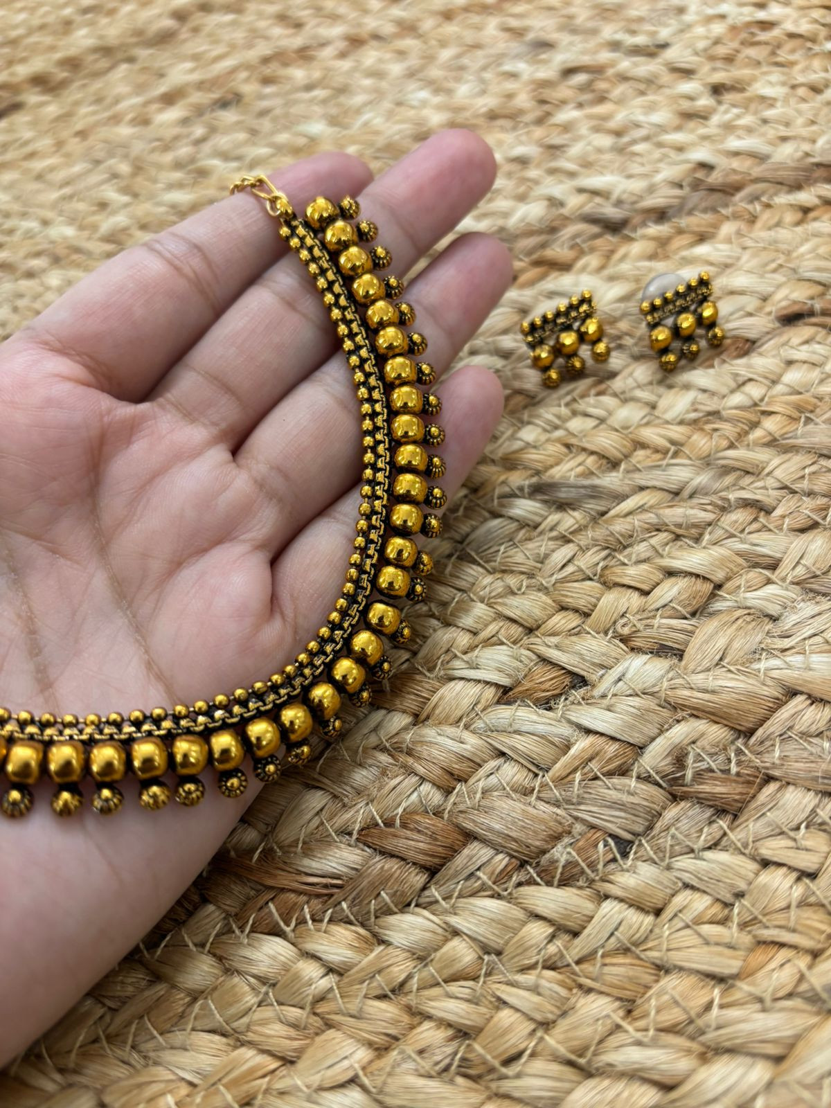 Metallic Oxidised Gold Necklace Set With Earrings - Gold