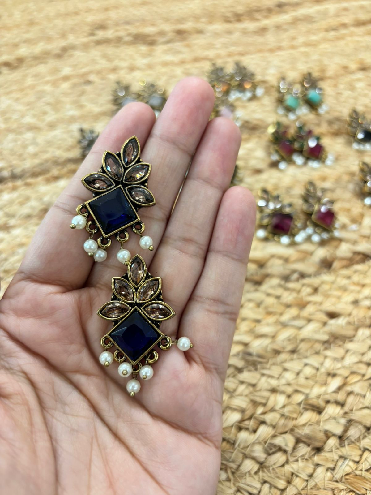 Metallic Oxidised Gold Earrings - Blue