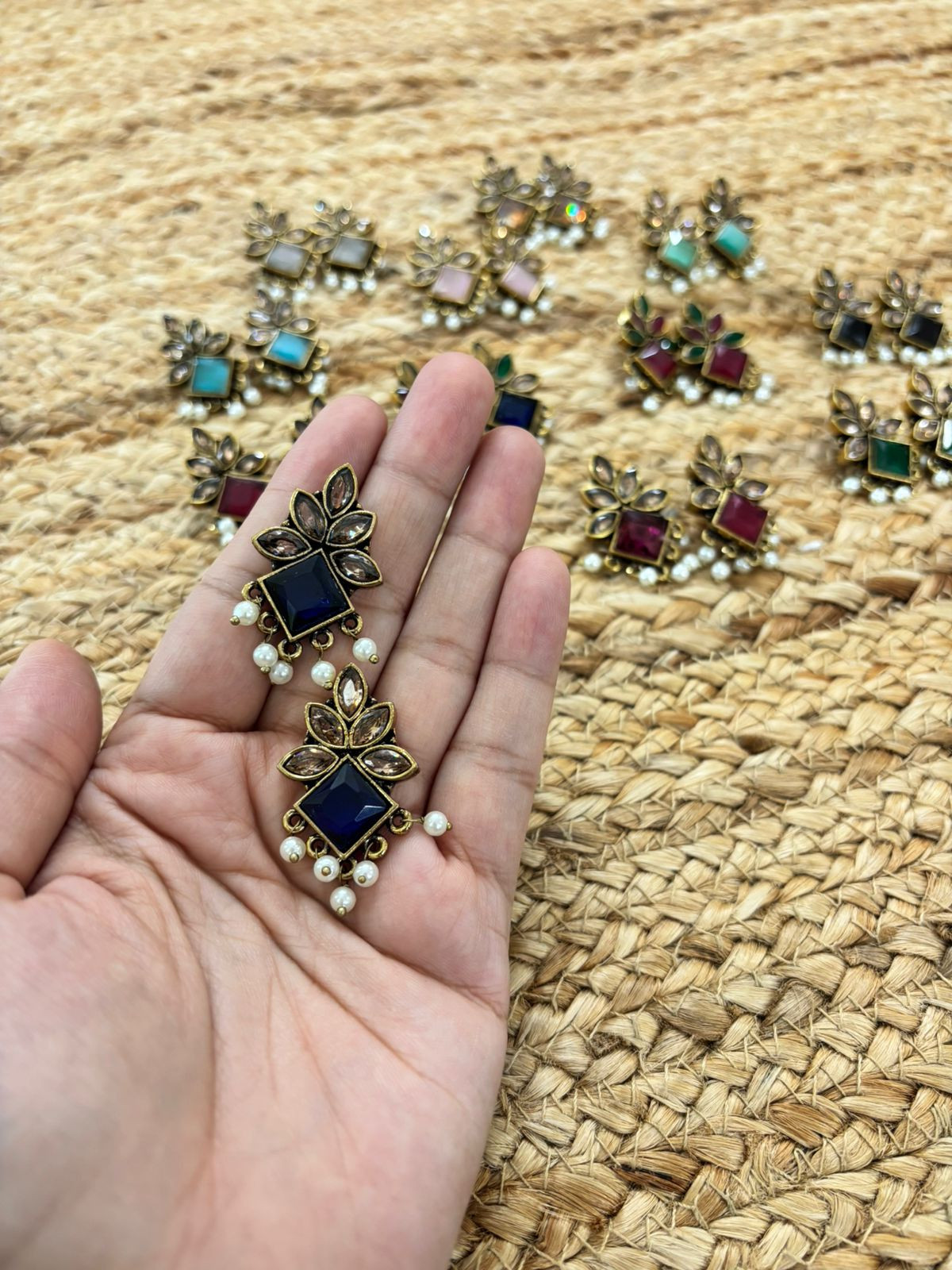 Metallic Oxidised Gold Earrings - Blue