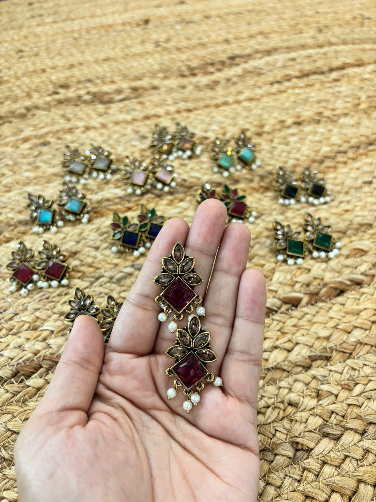 Metallic Oxidised Gold Earrings - Wine