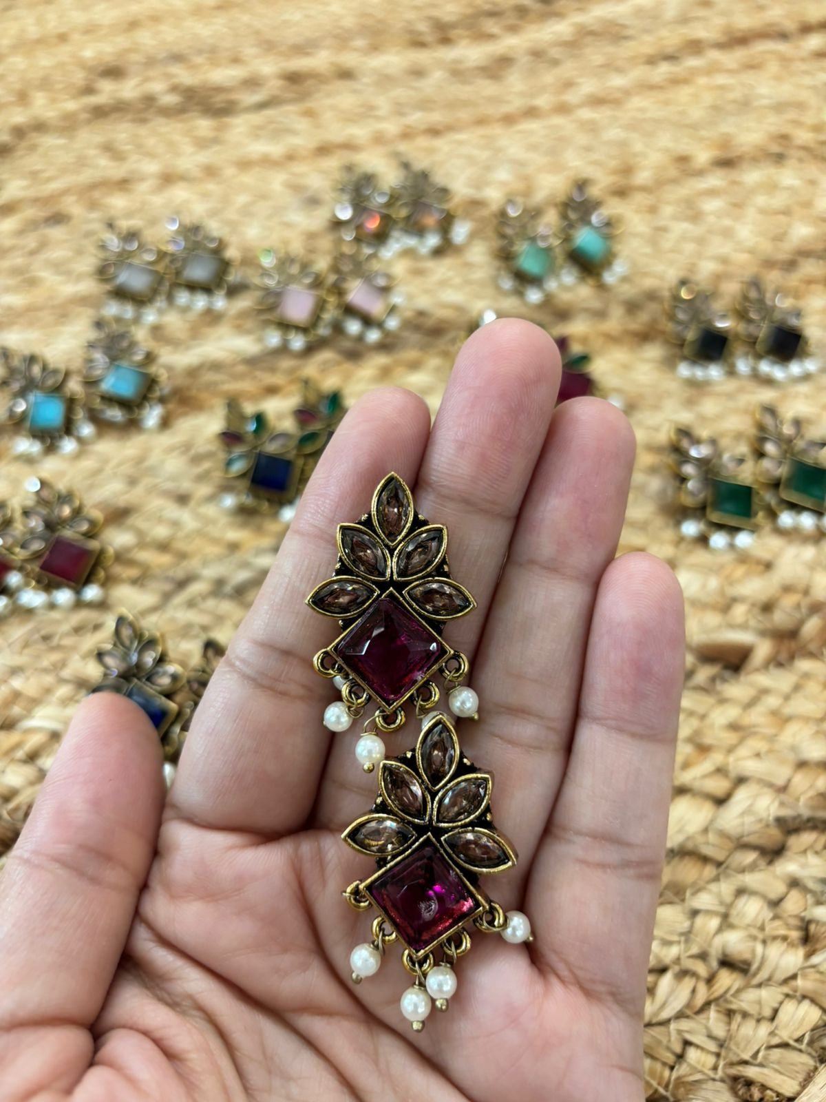 Metallic Oxidised Gold Earrings - Wine