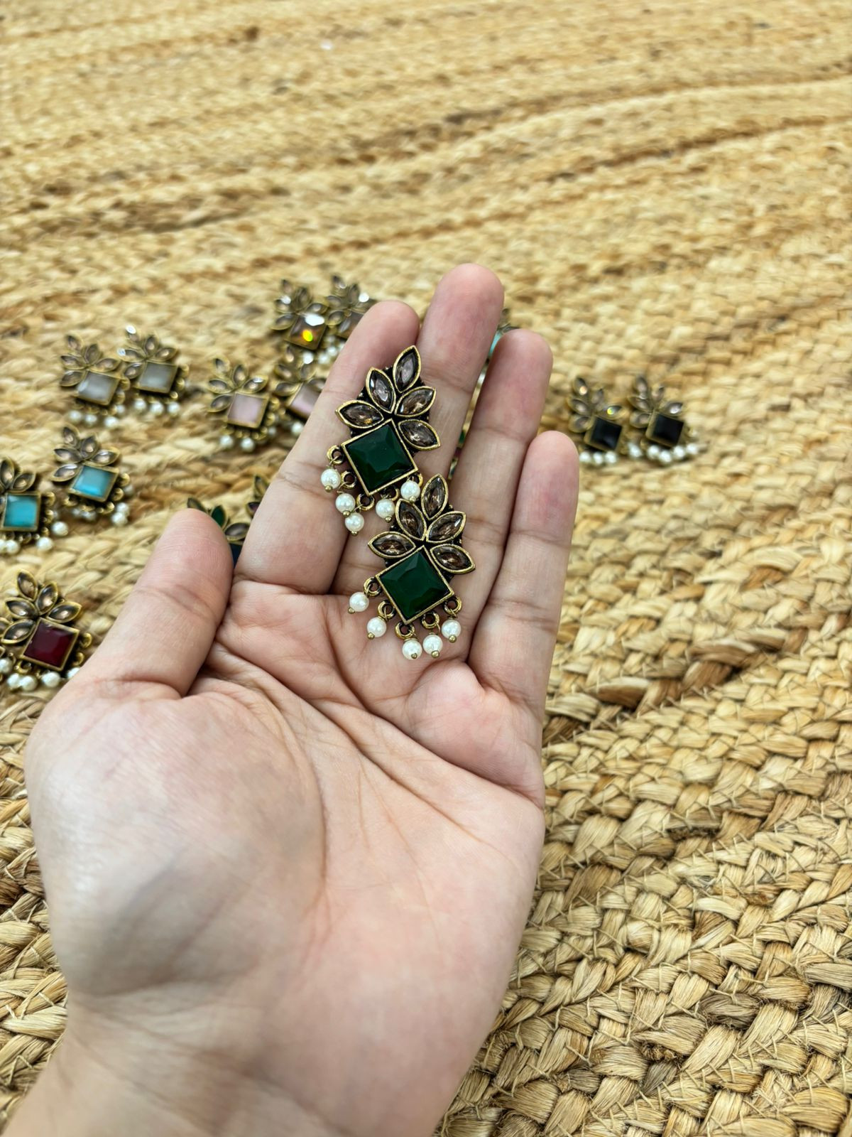 Metallic Oxidised Gold Earrings - Green