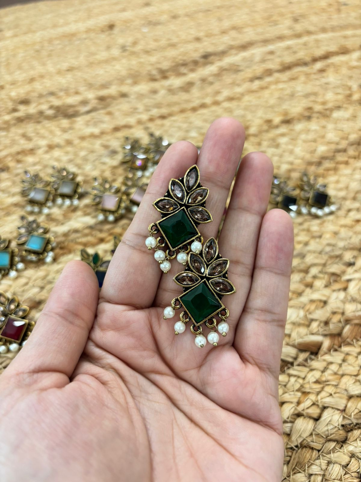 Metallic Oxidised Gold Earrings - Green