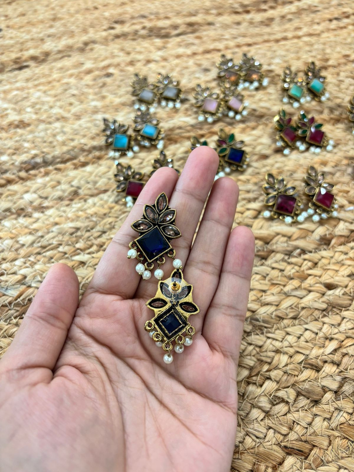 Metallic Oxidised Gold Earrings - Green