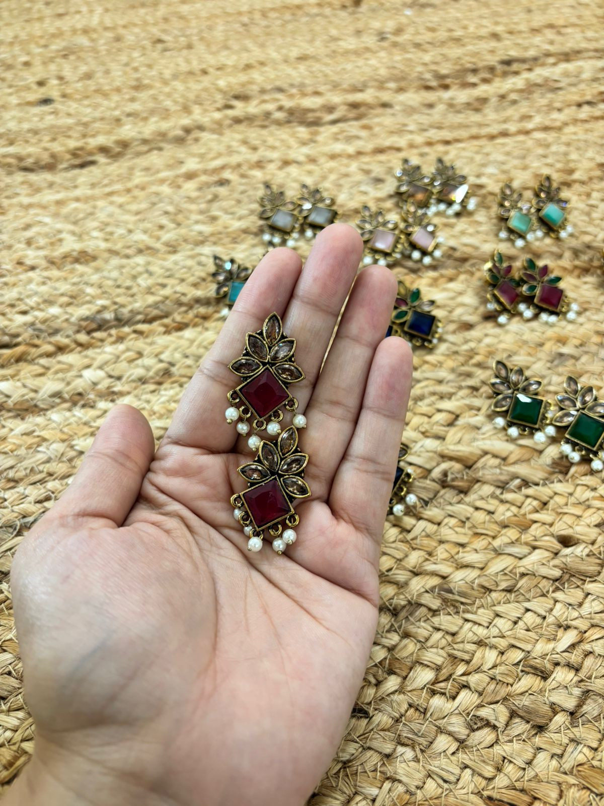 Metallic Oxidised Gold Earrings - Red