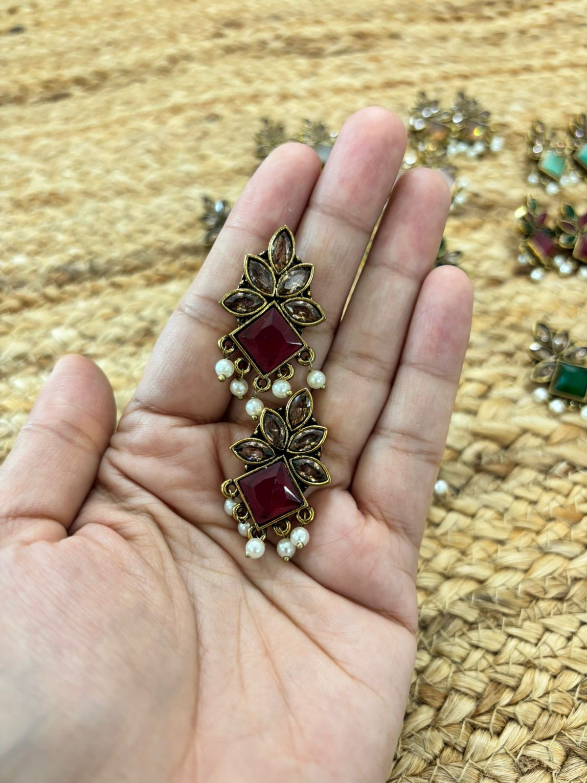 Metallic Oxidised Gold Earrings - Red