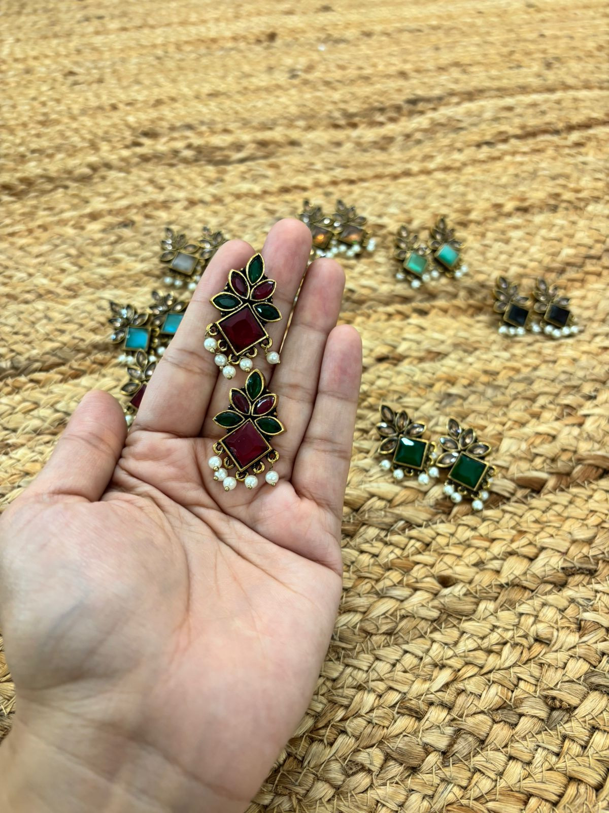 Metallic Oxidised Gold Earrings - Red-Green