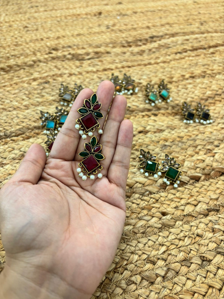 Image of Metallic Oxidised Gold Earrings - Red-Green