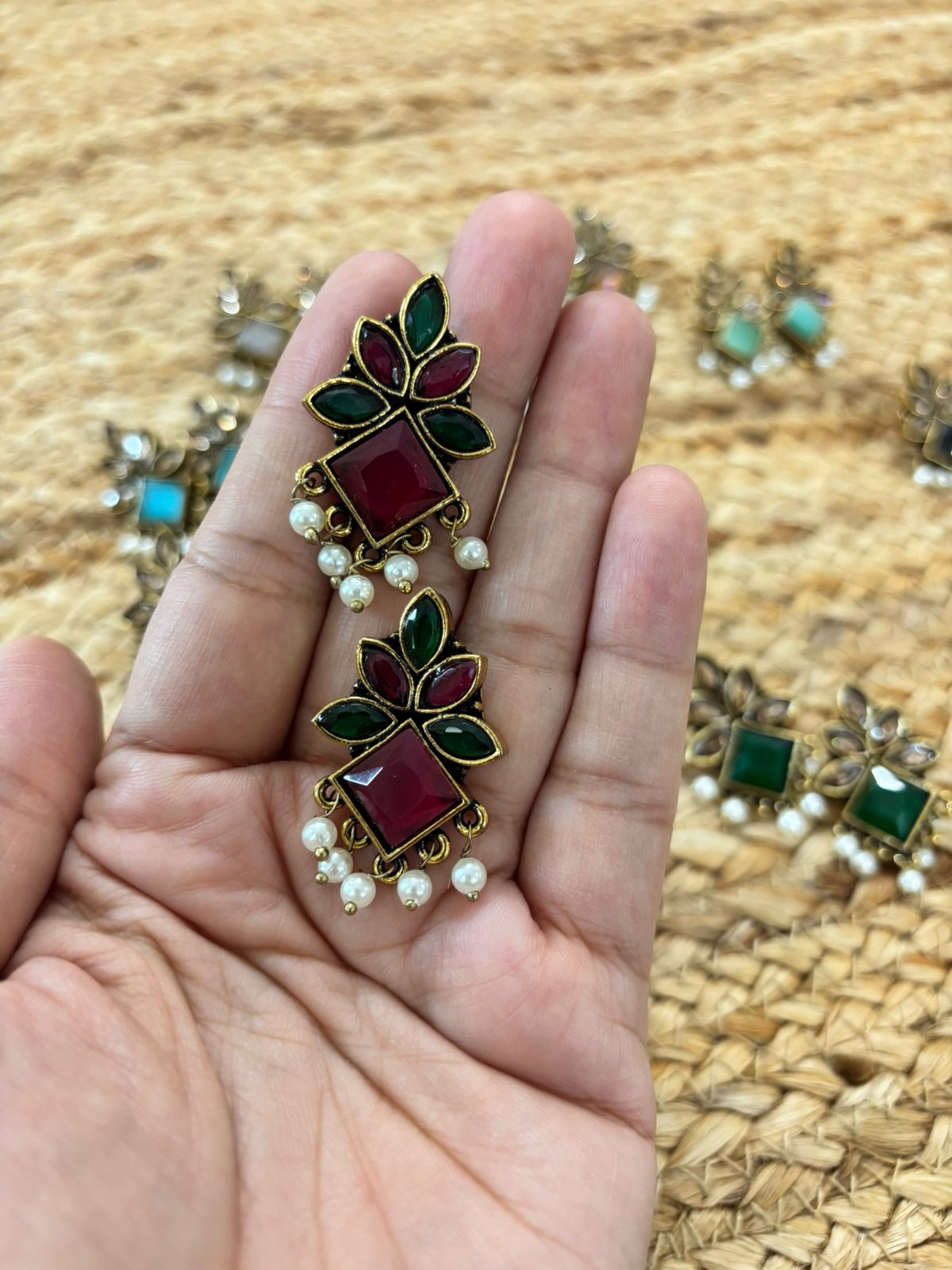 Metallic Oxidised Gold Earrings - Red-Green