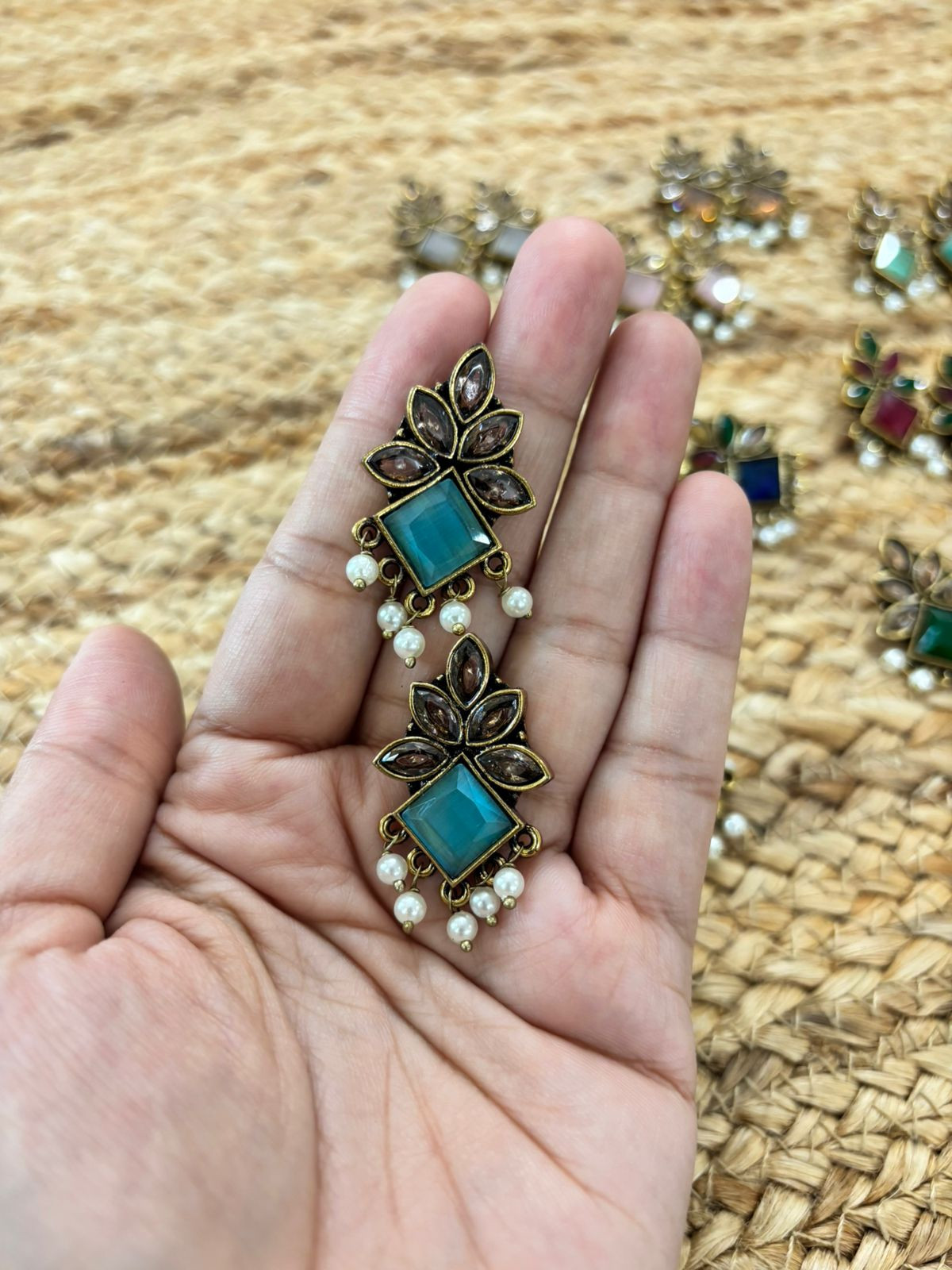 Metallic Oxidised Gold Earrings - Sea Blue