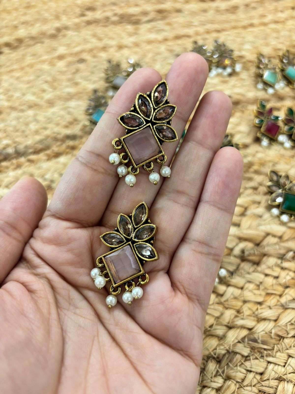 Metallic Oxidised Gold Earrings - Pink