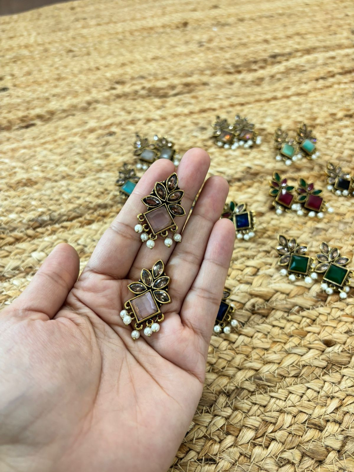 Metallic Oxidised Gold Earrings - Pink