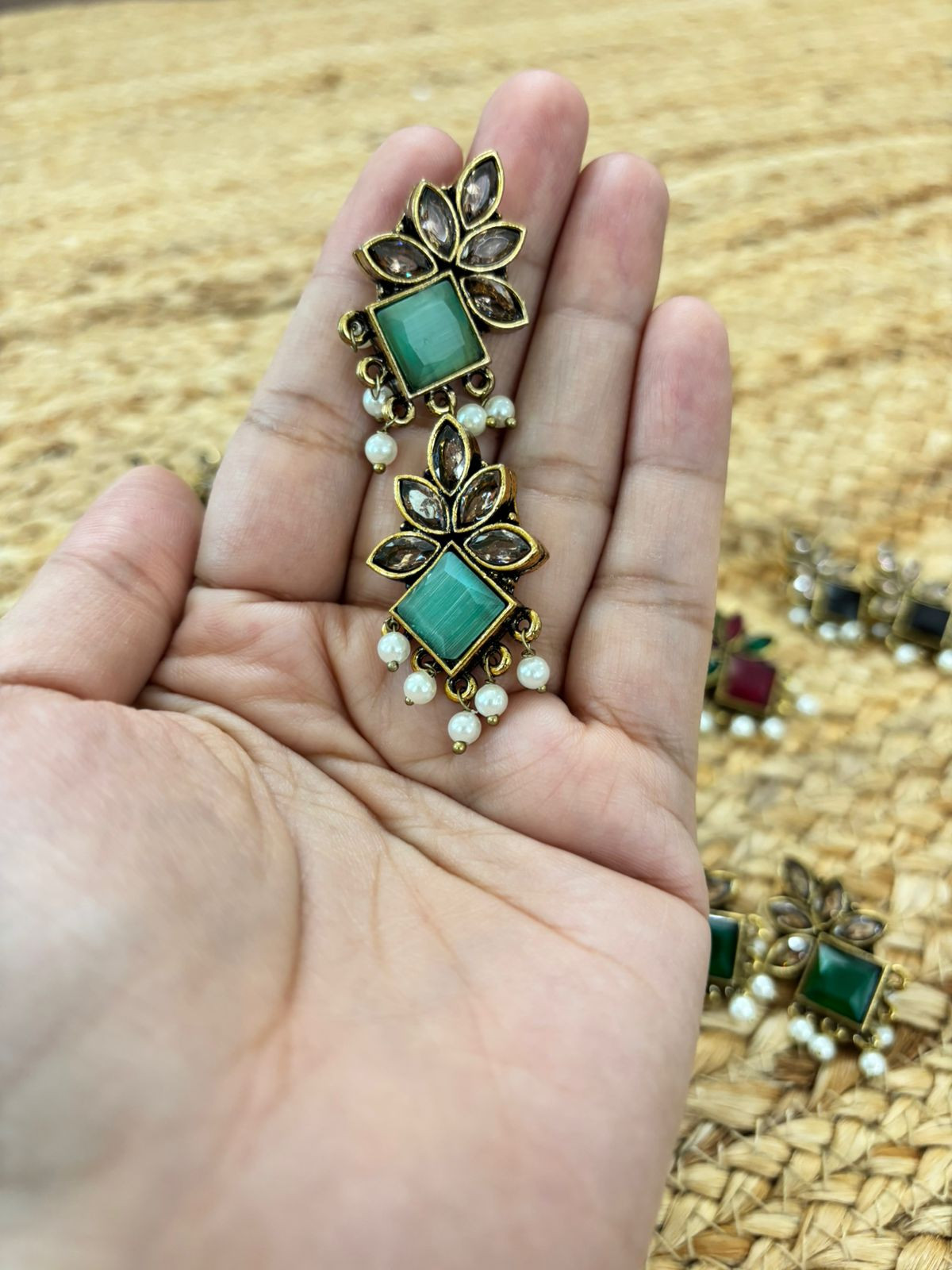 Metallic Oxidised Gold Earrings - Sea Green