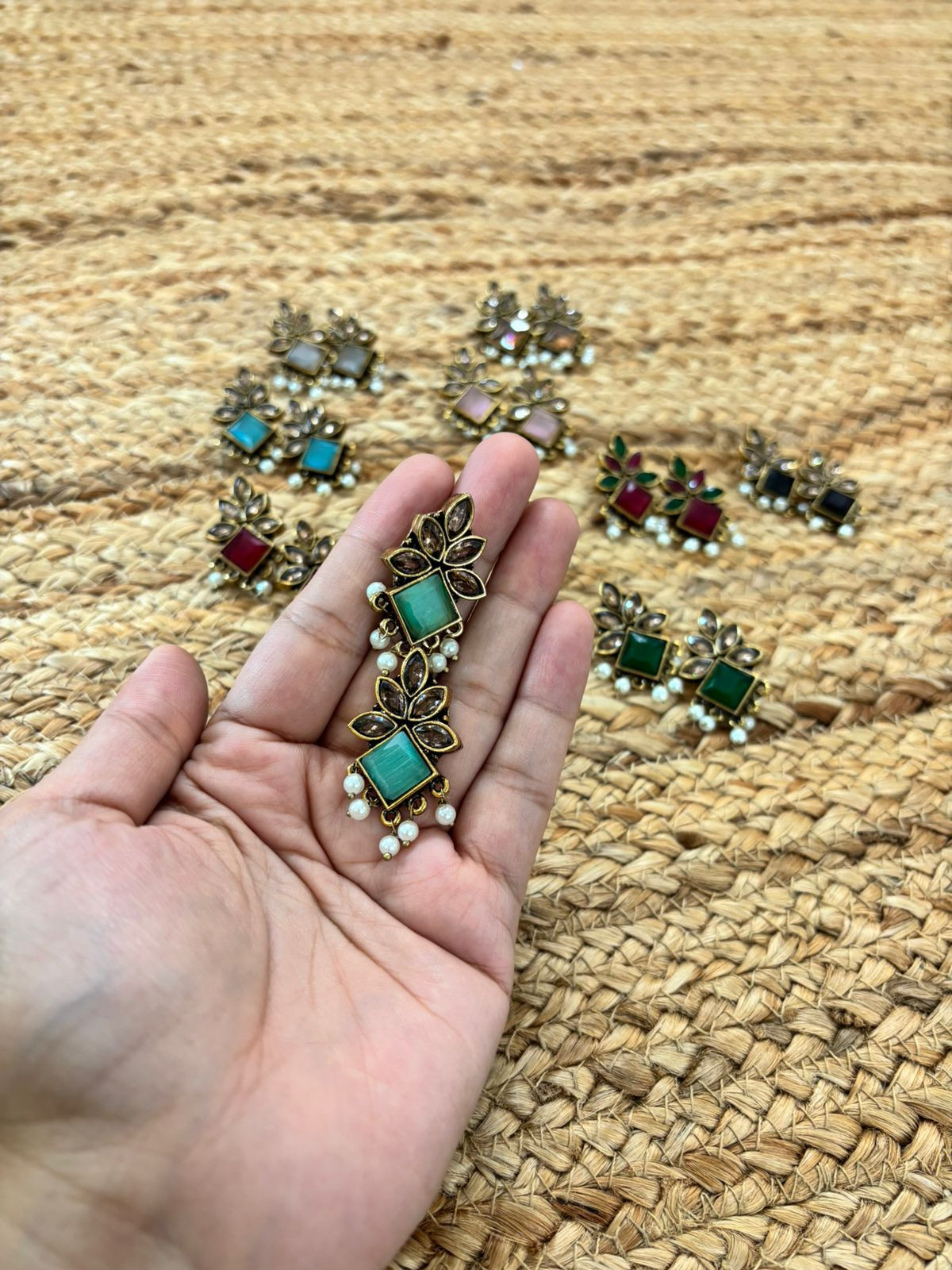 Metallic Oxidised Gold Earrings - Sea Green