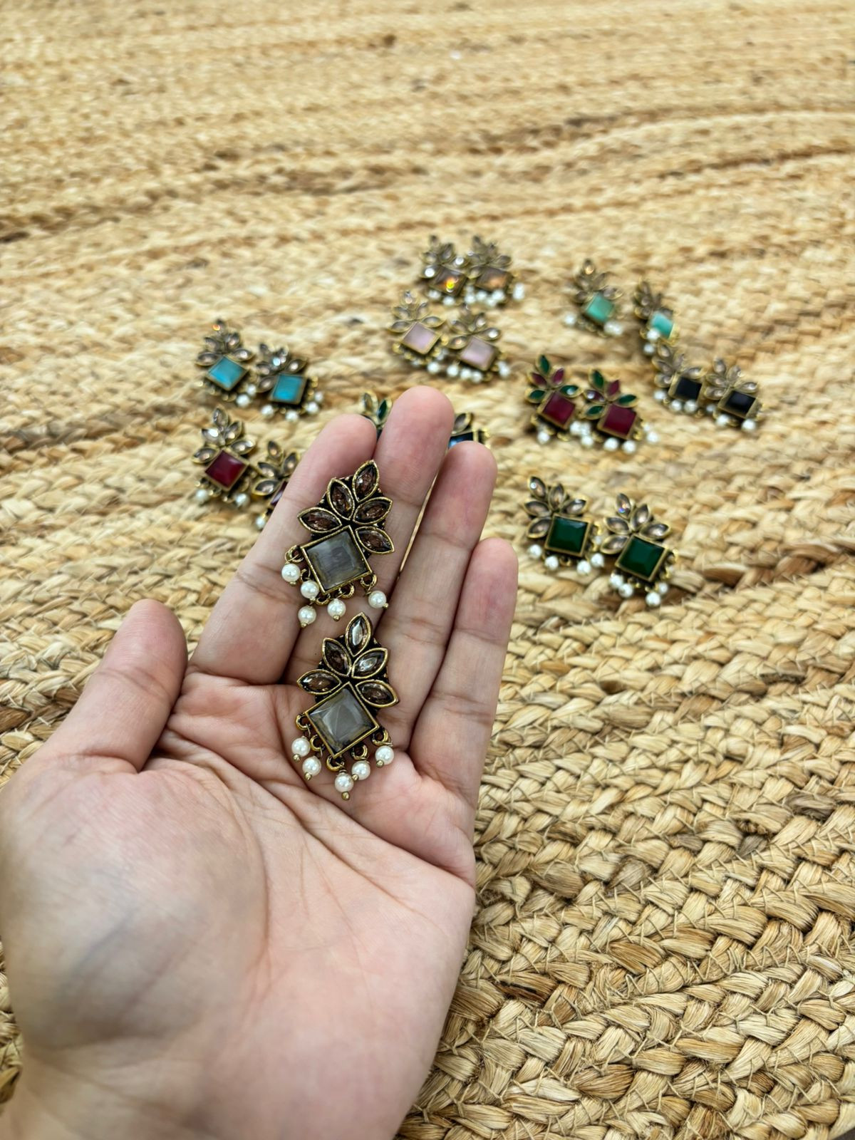 Metallic Oxidised Gold Earrings - White