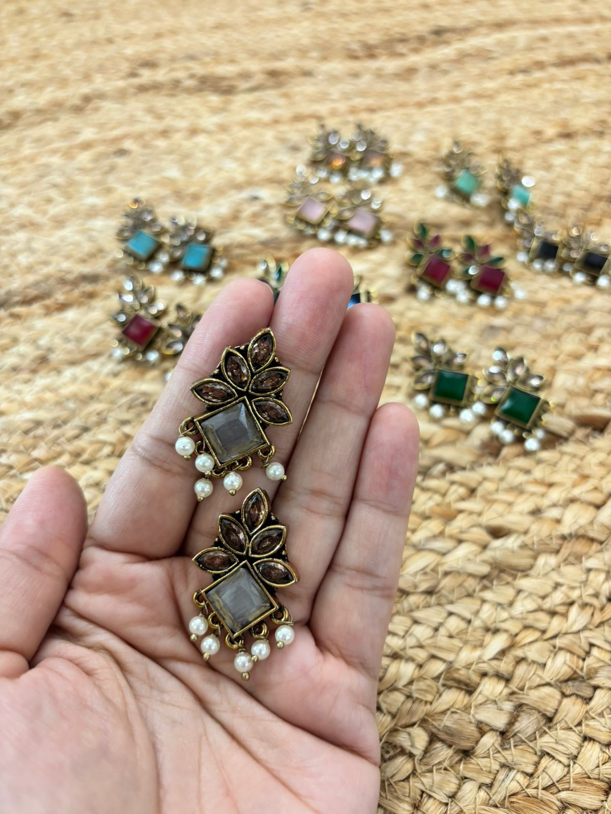 Metallic Oxidised Gold Earrings - White