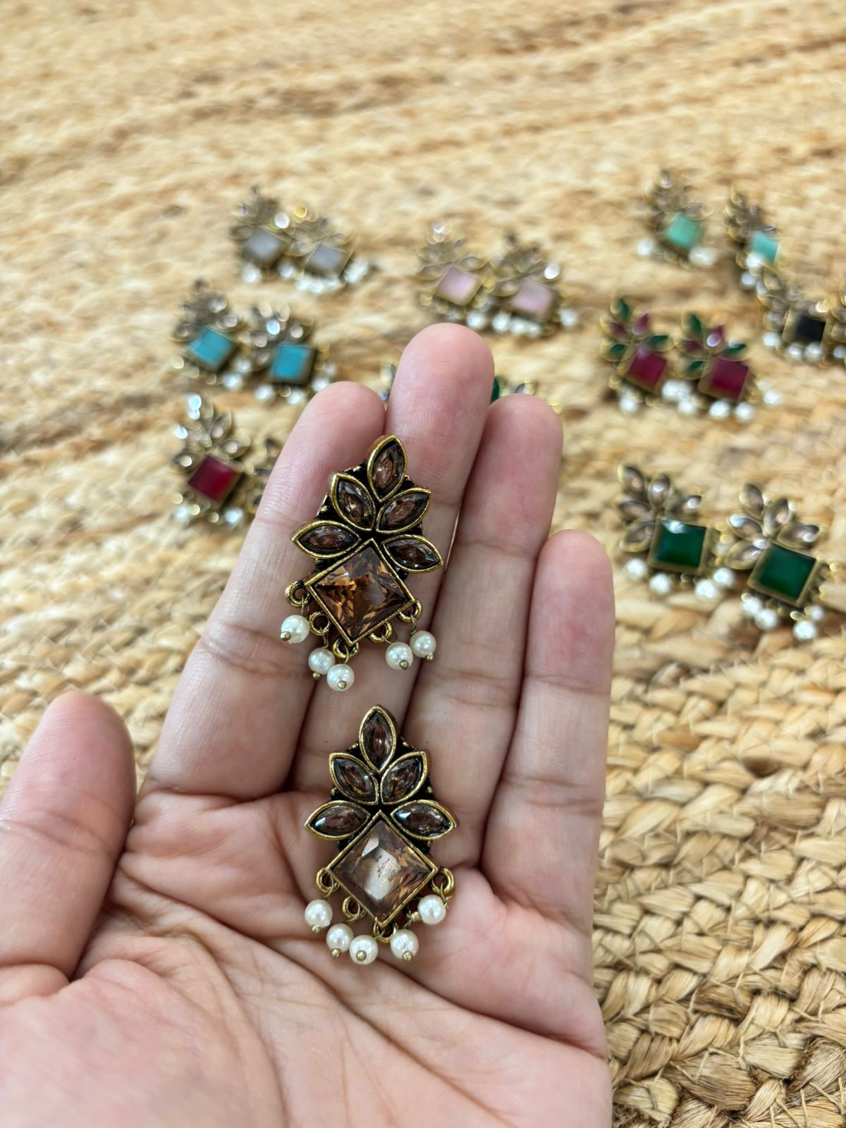 Metallic Oxidised Gold Earrings - Peach